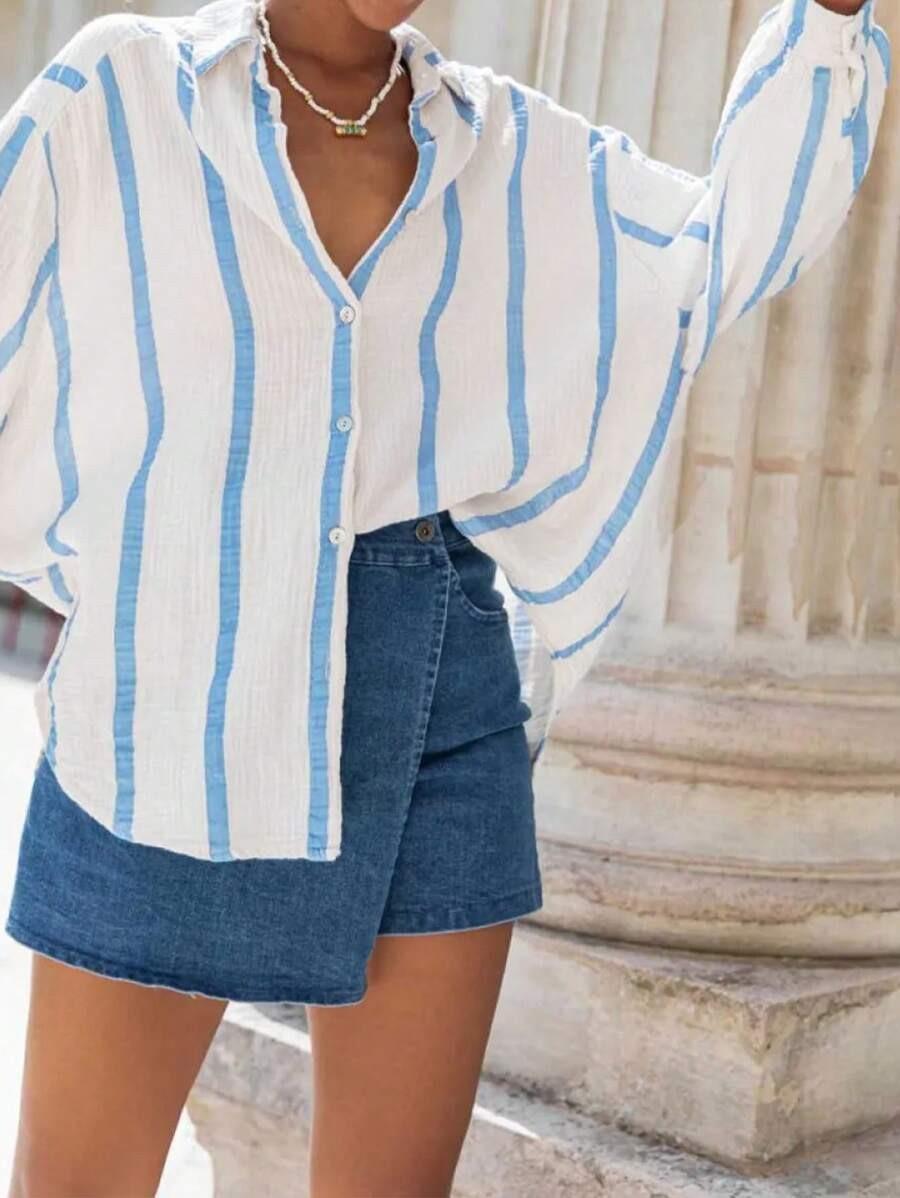 2026 European and American autumn and winter new long-sleeved button-up cardigan women's striped shirt women's vintage striped