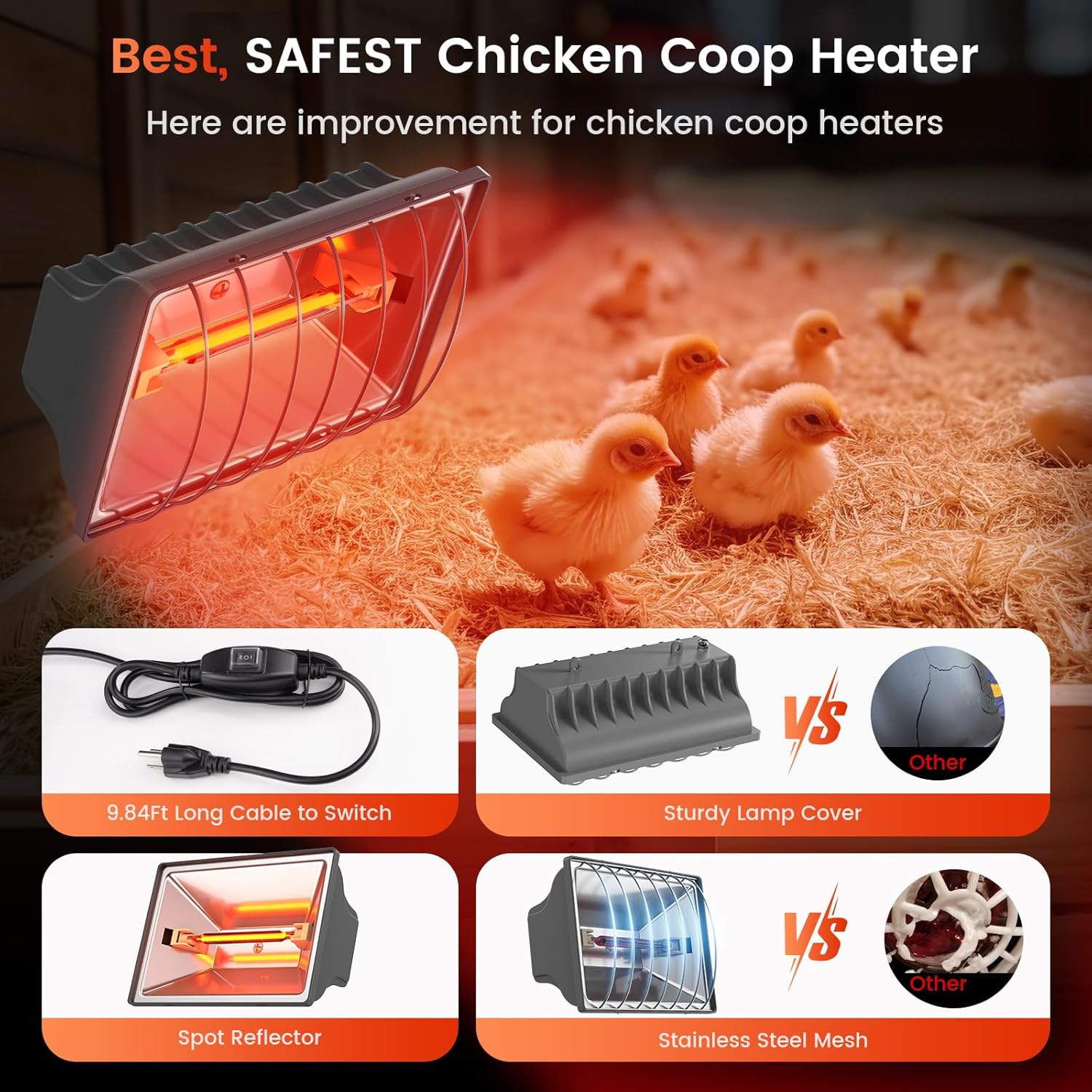 300W Chicken Coop Heater for 30 Chicks Or Ducks, 9.84ft Cord Brooder Heating Plate & Heat Lamp Chicken Coop House with Adjustable Temp & Hanging Height for Livestock Pet Supplies Outdoor