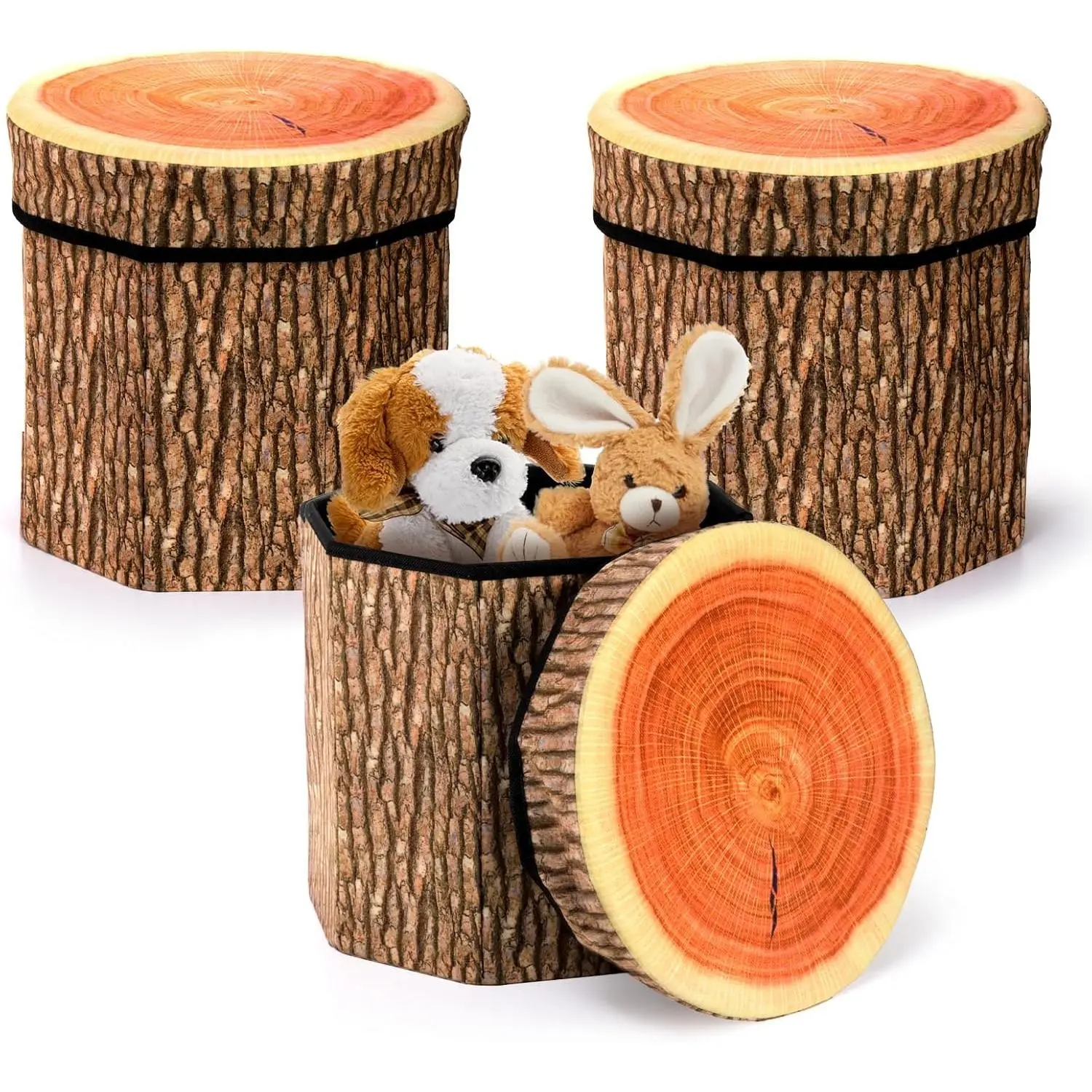 3 Pack Tree Stump Storage Stools, 12 x 12 Inches Folding Stool Ottoman with Foam Cushion, Collapsible Storage Seat Chest, Vintage Wood Stump Storage Toy Box Organizer Stool for Toys