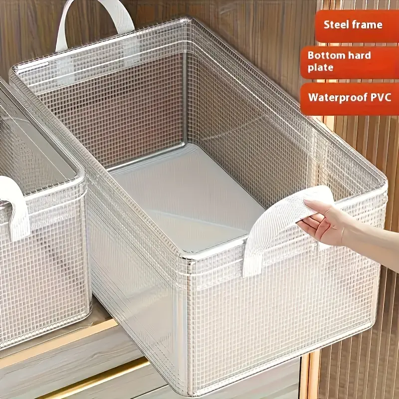 6pcs Storage Box, Stackable Steel Frame Wardrobe Storage Box, Transparent Foldable PVC Storage Box - Suitable for Clothes, Blankets, and Cosmetics - Waterproof and Washable Storage and Organization, Under Bed Storage, Storage Box, Under-Bed Storage