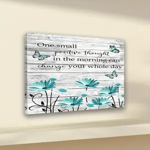 Room Decoration: 1 piece of vintage daisy and butterfly canvas print, framed inspirational quote wall art, blue floral poster, suitable for home, bedroom, kitchen, living room, bathroom, and office decoration