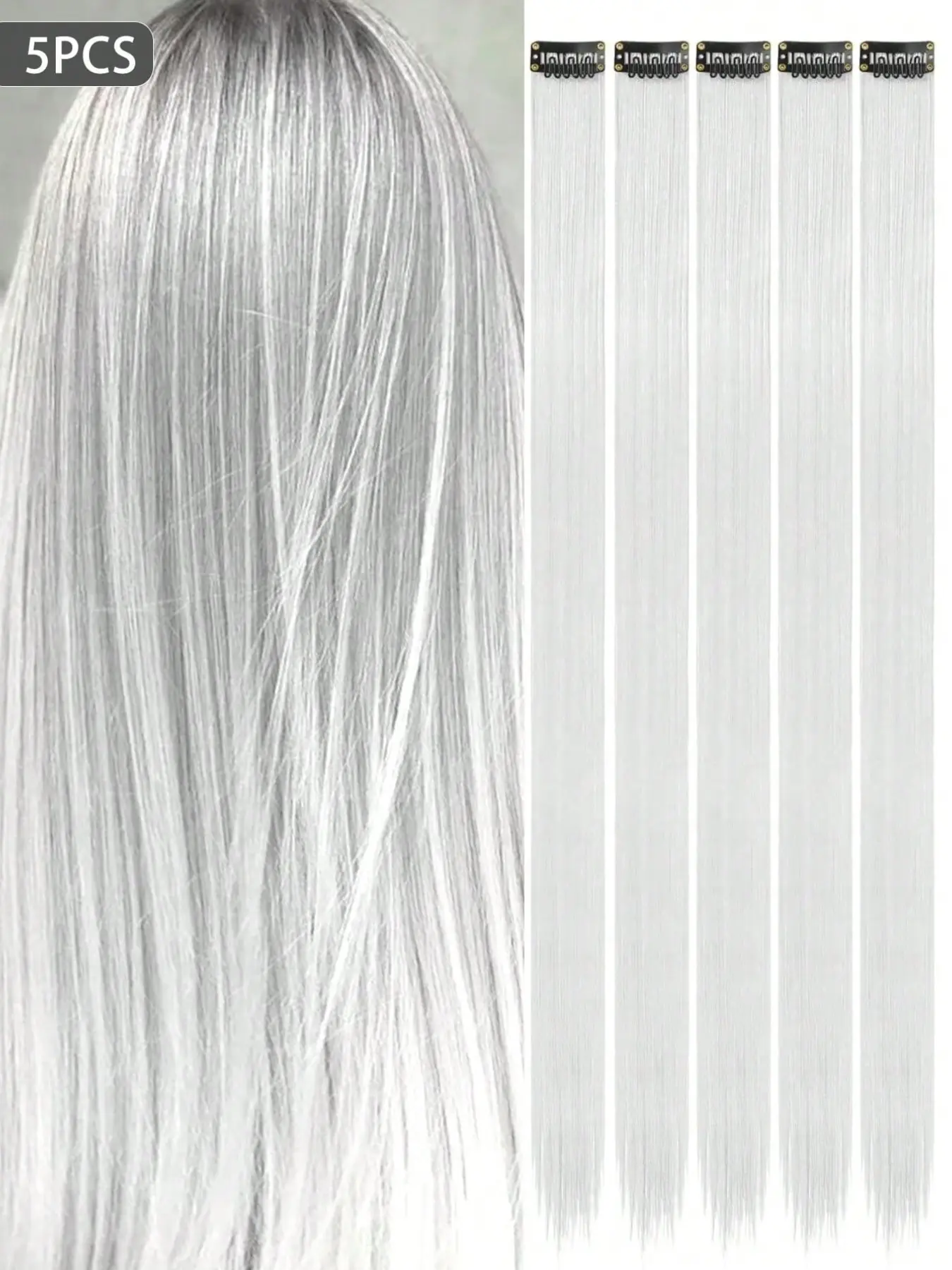 5pcs Synthetic Long Straight Clip-In Extension Hair, Synthetic Fiber Extensions, 20 Inches White Color Hair, Perfect Scene Hair Extensions for Women Used Daily ,Party,Cosplay,New Year, Carnival, Music Festival, Halloween, Christmas Party Gifts