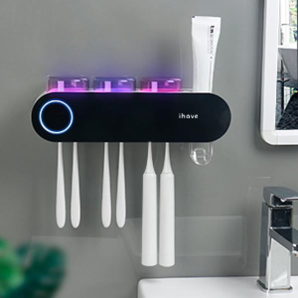 iHave Wall Mounted Electric Toothbrush Holders with 3 Cups, UV Sanitizer, Toothpaste Dispenser, Smart Home Bathroom Accessories & Decor, Black
