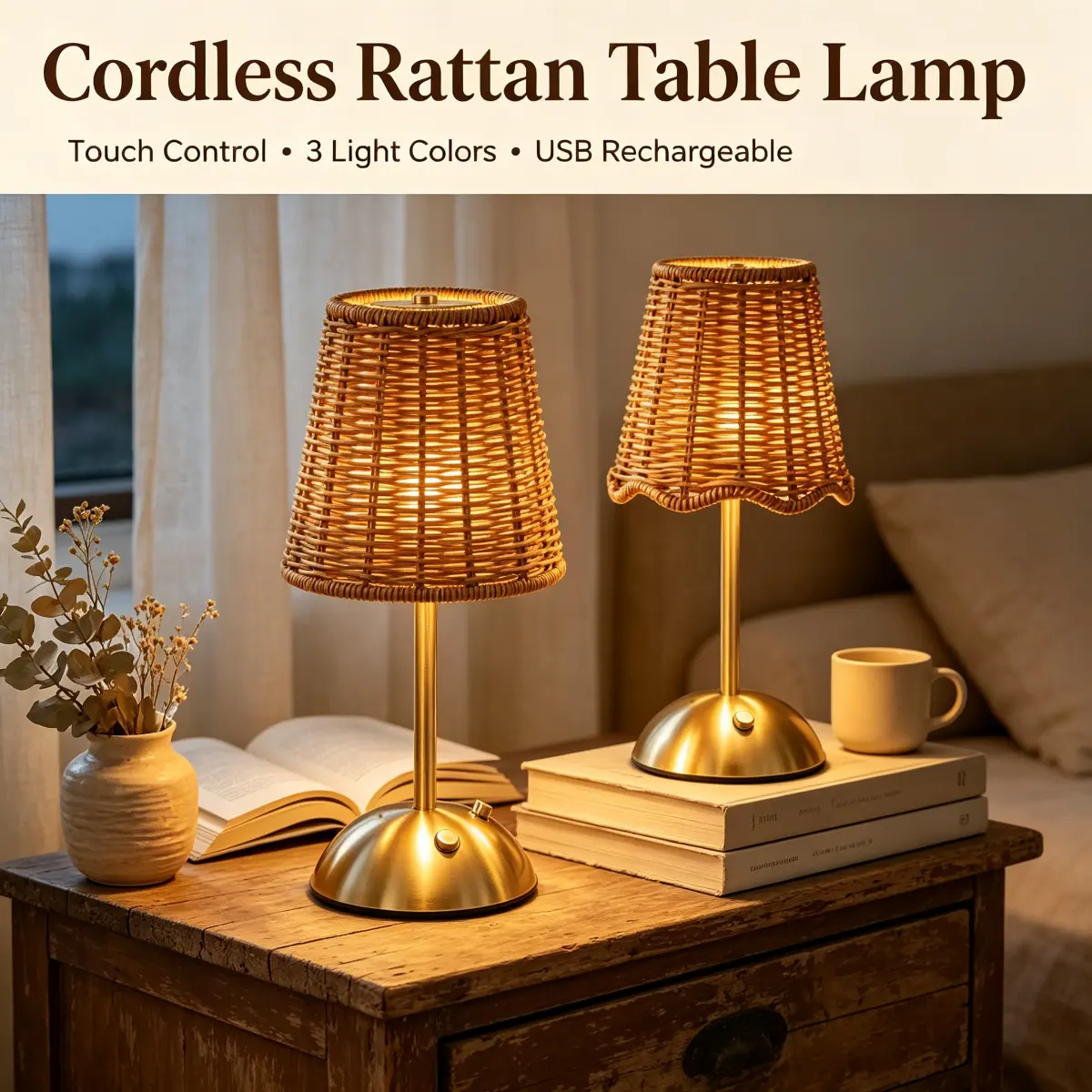 Rechargeable Cordless Vintage Rattan Table Lamp with USB Charger - Rattan Shade, Polished Base, Bow Decor, Country Boho Drum Shade, Touch Dimmer RGB LED Light, Ambient Glow - Home Lighting for Bedroom, Living Room Color Changing Bottle Set Wireless