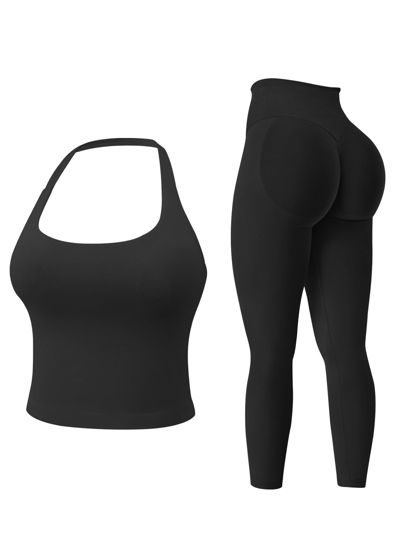 Two-Piece Set Women's Solid Seamless Crop Tank Top & High Waist Leggings Tracksuit Set Gym Sets, Sporty Casual Breathable Comfortable Outfits for Yoga Gym Workout Running, Ladies Sportswear for All Seasons