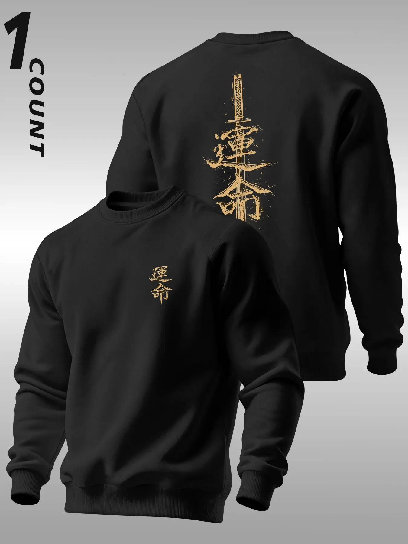 Men's Crew Neck Sweatshirt, Japanese Kanji Destiny Samurai Sword Front Back Print, Asian Harajuku Streetwear Casual Long Sleeve Top for Men