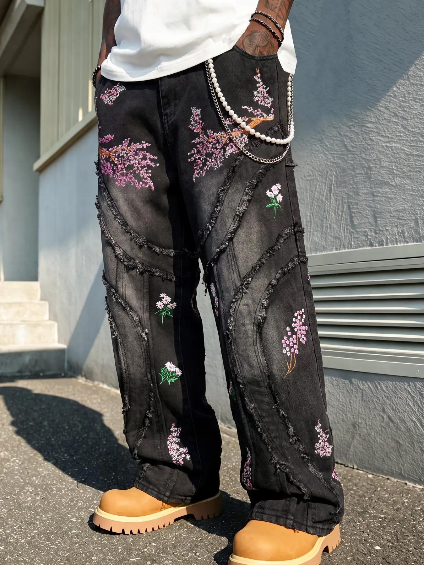 Men’s Black Vintage Wide-Leg Jeans, Allover Cherry Blossom and Daisy Floral Embroidery, Y2K Punk Subculture Hip-Hop Plus Size High Street Casual Denim Pants, Suitable for Going Out, Hangouts, Disco, College, and Streetwear Outfits