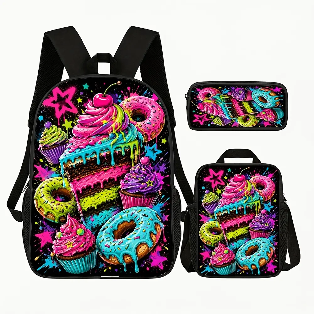 3pcs/1pcs Neon Pop Art Laptop Backpack Sweet Dessert Print Cute Cake Donut Design Travel School Work Bag Trendy Urban Street Style# backto school# Backpack set# school gifts# girls gifts#   boys gifts# birthday gifts, 17in Bookpack