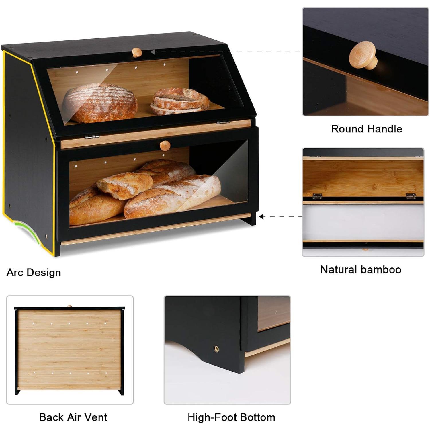 Double Layer Large Bread Box for Kitchen Counter, Wooden Large Capacity Bread Storage Bin (Black)