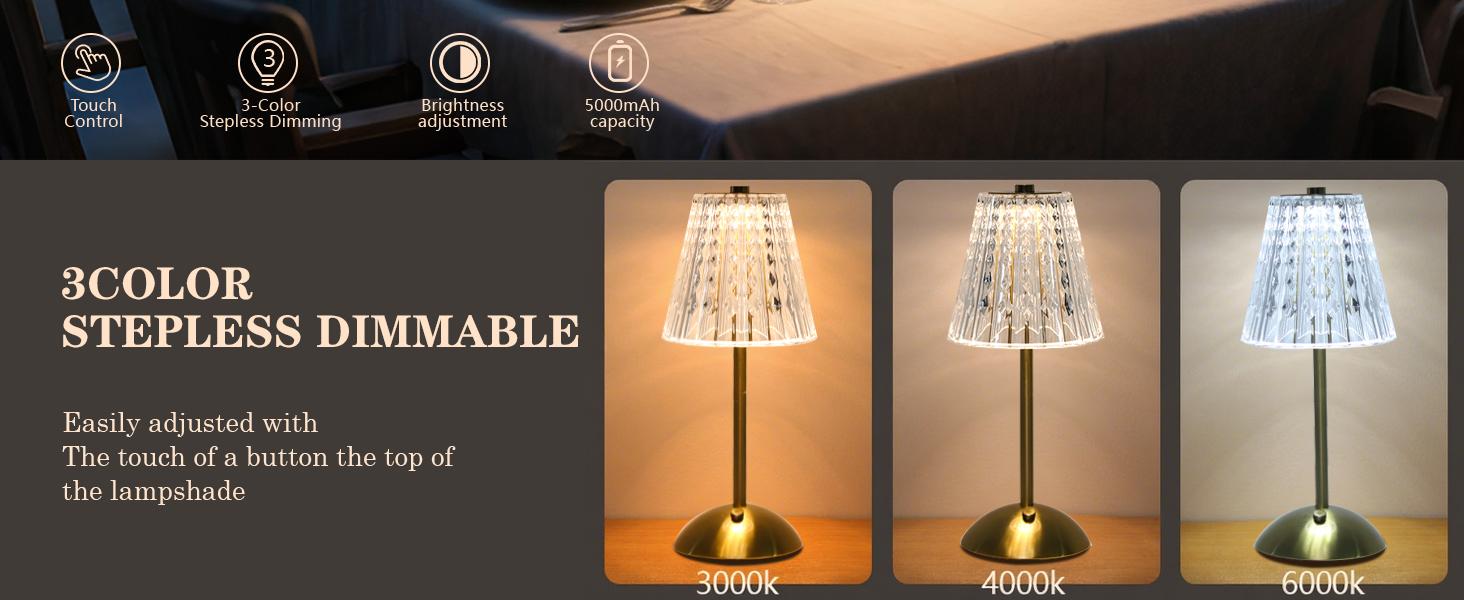 2 Pack Crystal Table Lamp, 5000mAh Rechargeable Battery Lamp with Touch Control, 3 Color Temperatures, Dimmable Brightness, Matte Aluminum Light for Bedroom/Bar/Kitchen/Outdoor, Home Décor