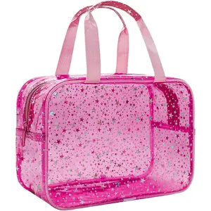 Clear Red Star Large Makeup Bag with Star Pattern 12x5x8 inch, Travel Cosmetic Bag with Handle, Durable PVC Material Washbag Zipper Opening Design for Makeup Travel Organizer or Gym Use