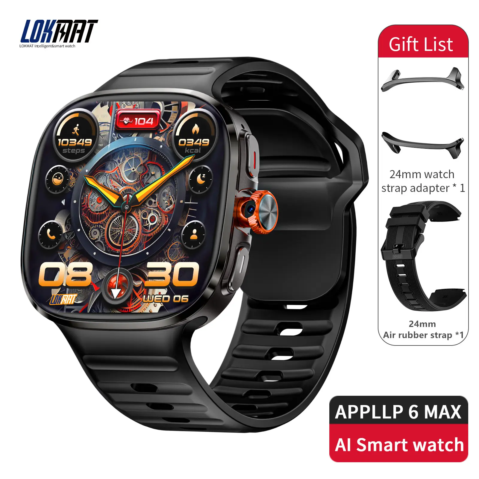 LOKMAT APPLLP 6 MAX Smart Watch - Android System, Rotatable Camera for Photos/Videos, Heart Rate Tracking, SIM Support, Built-in Memory, Non-Water Resistant Wearable Smart Device for Russian, Italian, Japanese, Lithuanian Foreign Trade Users