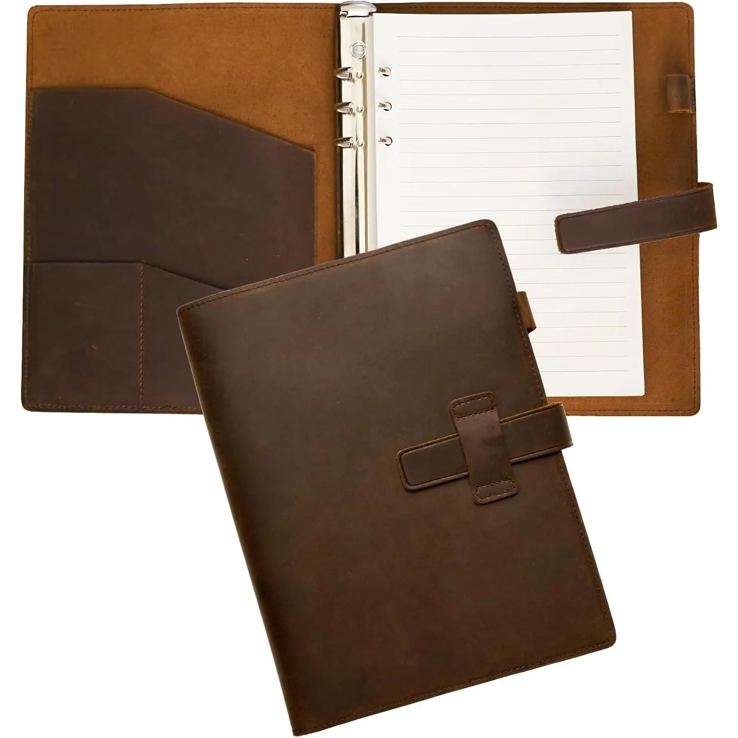 Vintage Reusable Refill A5 Genuine Leather Journal Binder, 6-Ring 6.9"x9" Notebook with 120 Lined Pages & Pocket, for Business Work & College