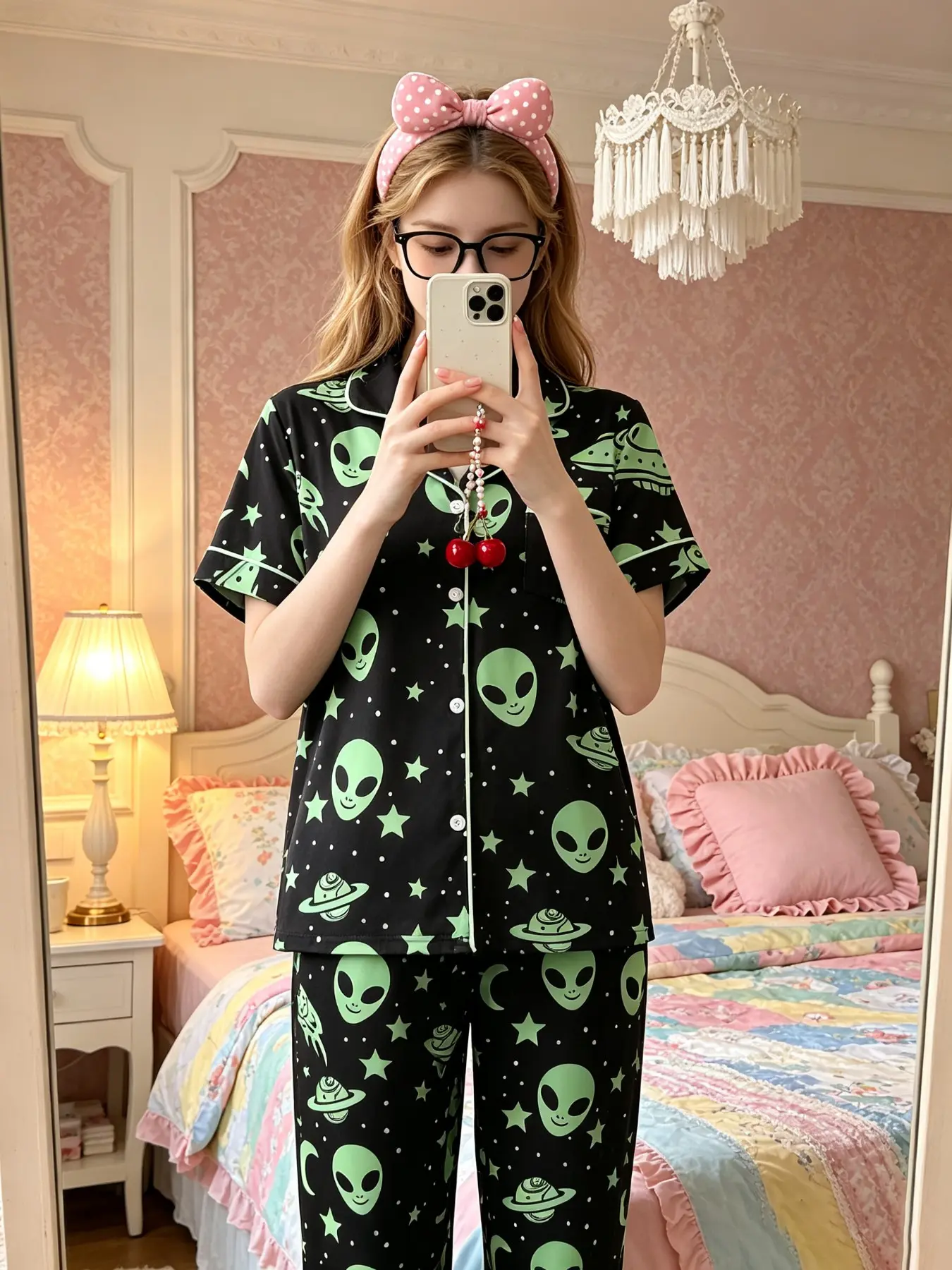 Y2K Alien Print Women's Pajama Set, Short Sleeve Long Pants, Boho Style, Soft Polyester, Ankle Length, Contrast Binding, Loose-Fit