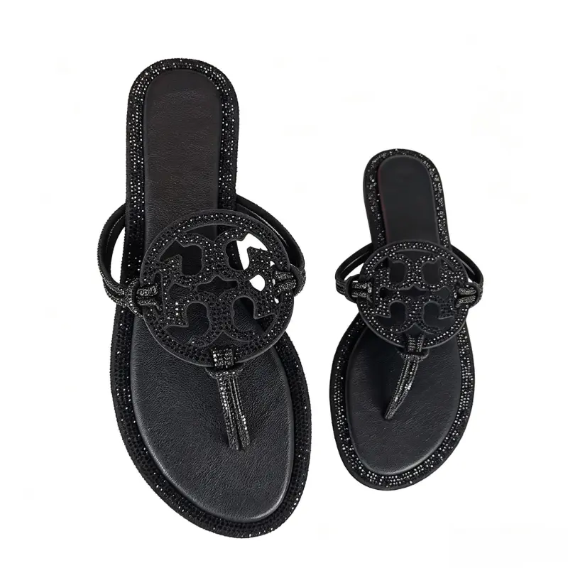 Summer Flat Slip-On Thong Sandals, Black Crystal Hollow Decor Flip Flop Pool Slide, Rhinestone Border Comfort Beach Sandals for Warm Weather Outfits