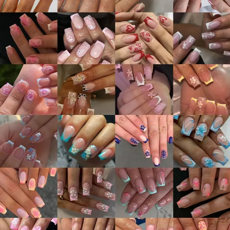 576pcs Floral French Press-On Acrylic Fake Nails, Blue, 3D Gel Petals, Steel Beads, Medium Size, Summer Manicure Essentials, Includes Glue & Files