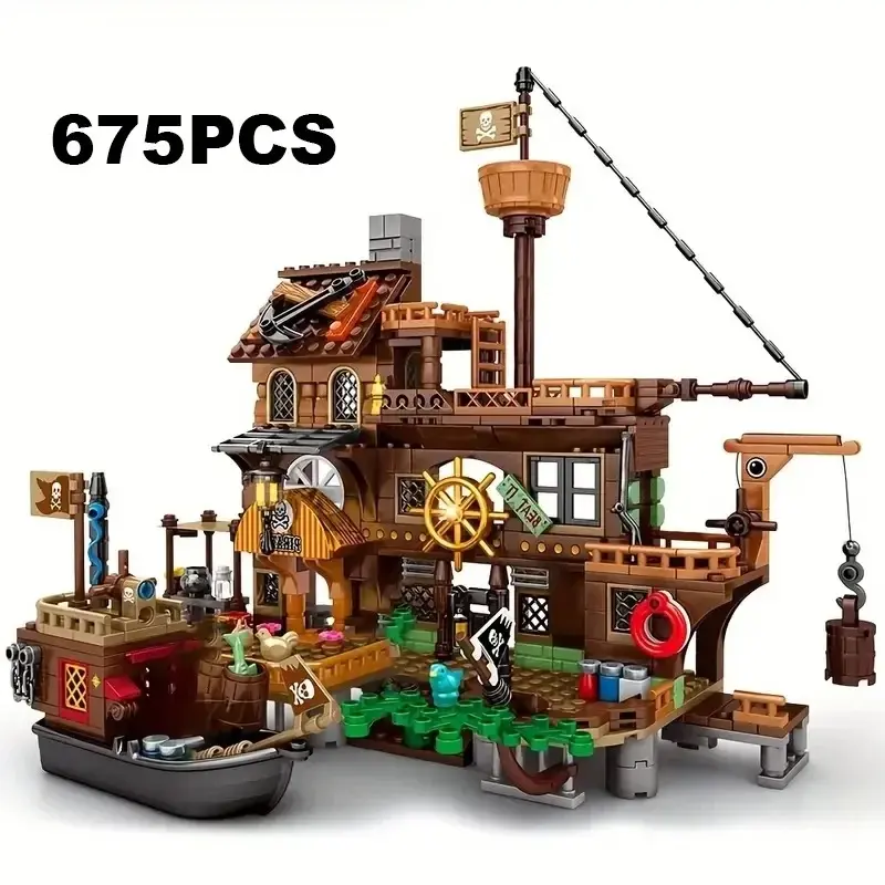 675PCS Creative Medieval Pirate Island Wood Sea House With Ship Building Blocks MOC Assemble Bricks Toy Gift For Children Kids