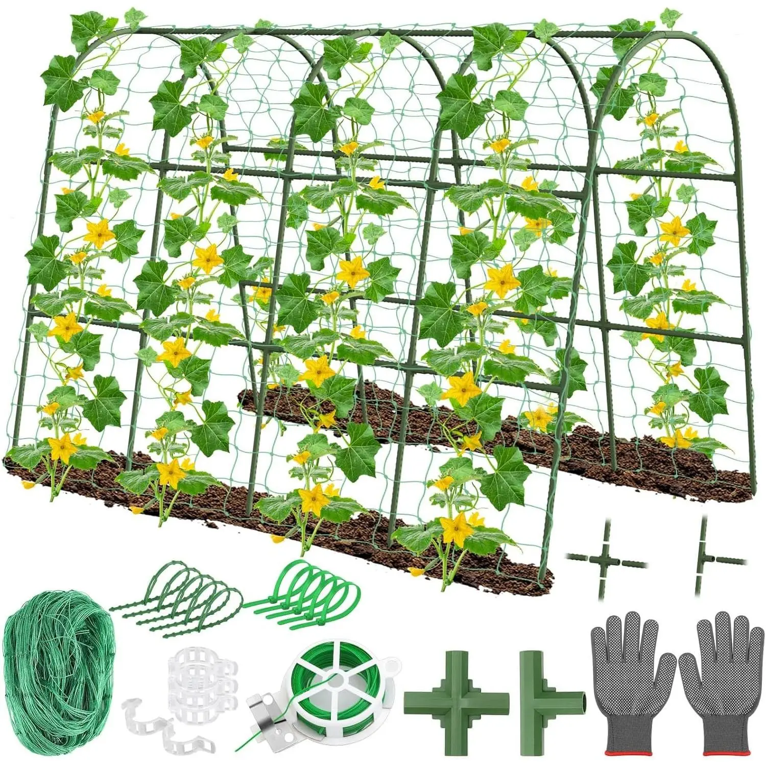 Cucumber Trellis for Raised Bed Garden, U-Shape Arch Trellis for Climbing Plants Outdoor, Metal Vegetables Trellis with Netting, Garden Trellis for Cucumber Plants Sweet Pea Bean Grape