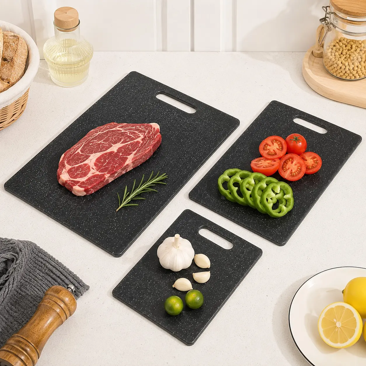 3-Piece Black Cutting Board Set, Large Medium and Small Kitchen Chopping Boards for Food Preparation