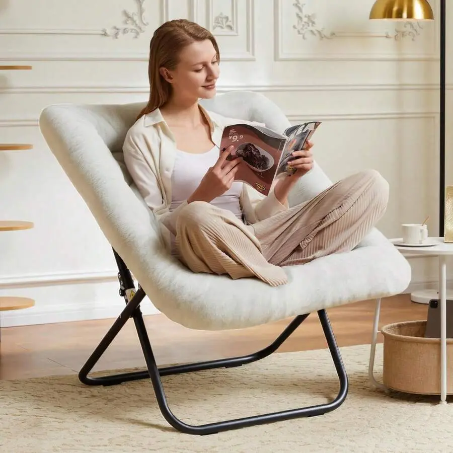 Oversized Boneless Faux Fur Lounge Chair with Oversized Cushion - Ergonomic, Soft Reading Chair, Easy to Fold & Store, Large Square White Indoor Furniture for College Students' Bedroom/Dorm, Single Seat