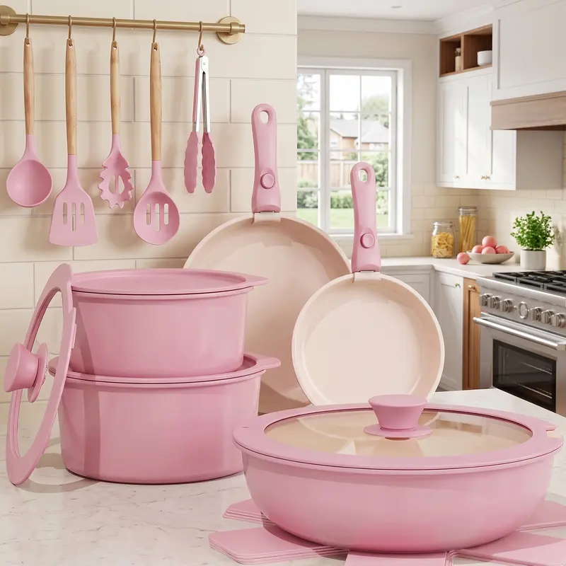 12/19/21PCS Pink Anti-Adhesive Bundle Cookware Set - Round Pots Pans, Detachable Handles, Oven-Safe Woks, Kitchen Accessories, Camping Kitchenware for Home & Outdoor Use