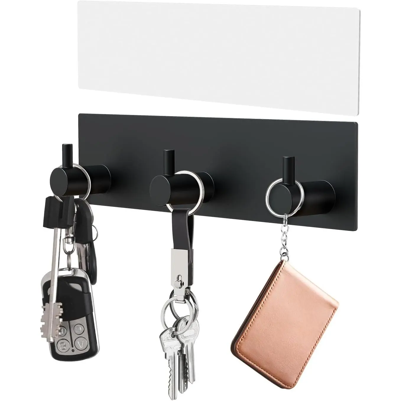 Key Holder Wall Mount, Small Adhesive Key Hanger with 3 Hooks, Black | Metal Material, No Drilling, Extra Adhesive Strip, Suitable for Entryway, Hallway, Doorway, Kitchen, Garage, Camper