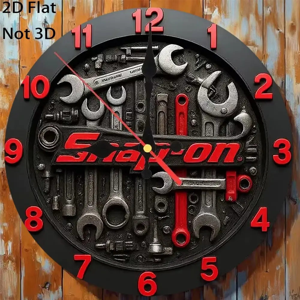 Vintage Mechanical Style 2D Flat Acrylic Wall Clock – Silent Quartz Movement, Snap-on Gear Design, Black Dial with Red Hands and Wrench-shaped Indicator. Ideal for garages, men's spaces and workshops. AA batteries not included.