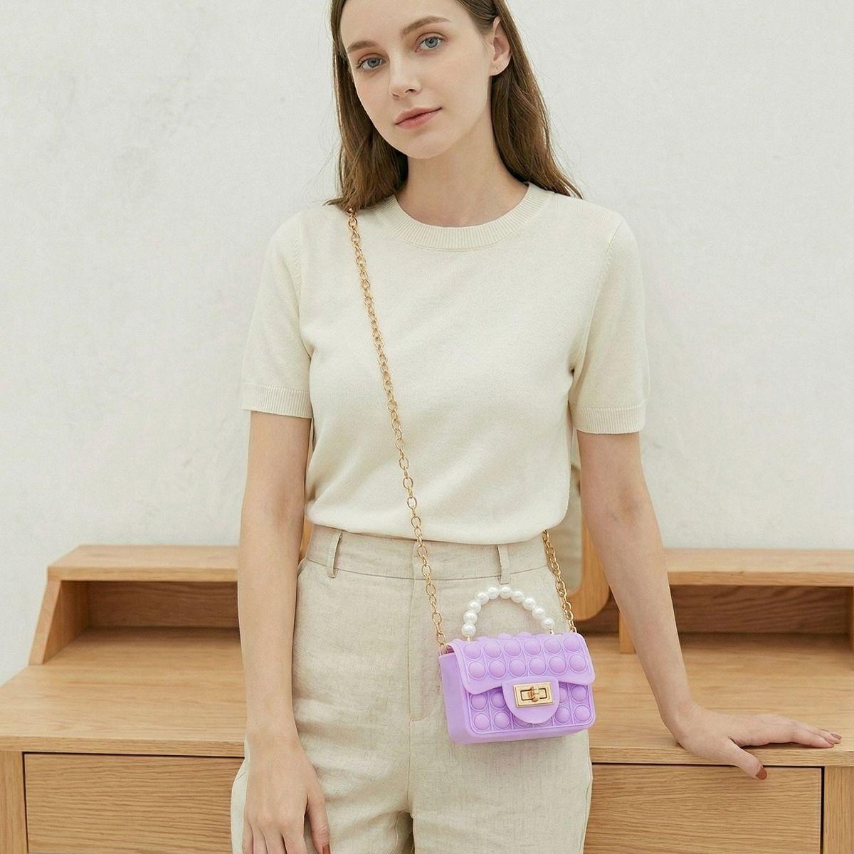 Women's Stylish Pop Bag Silicone Shoulder Bag with Pearl Handle, Chain and Mini Coin Purse for Daily Travel
