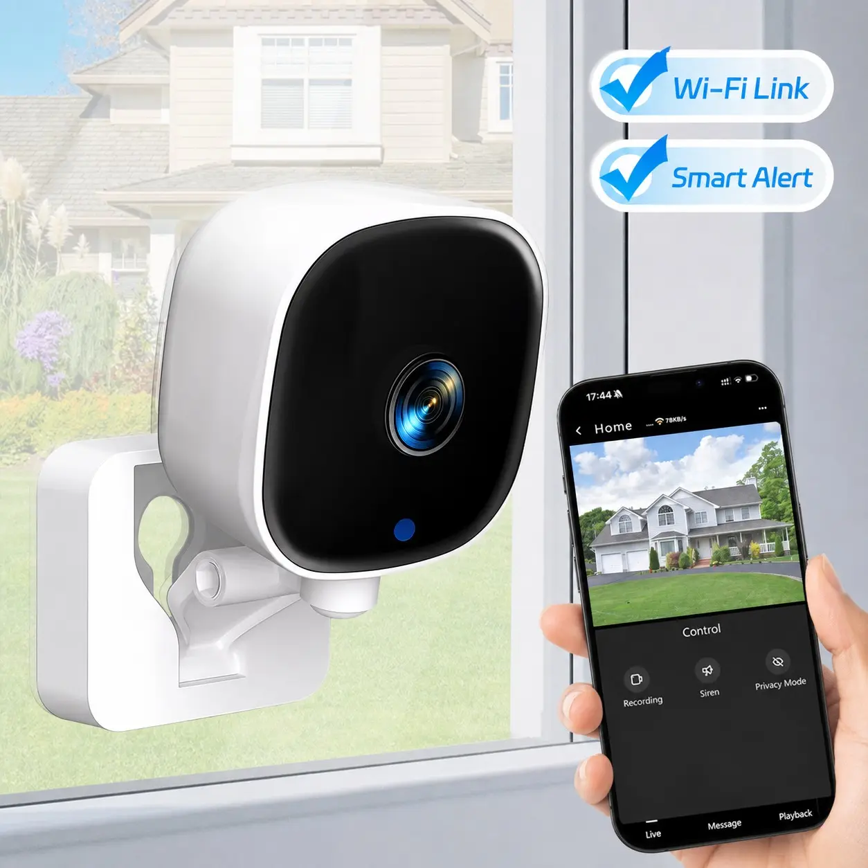 Window Camera, 2.4GHz WiFi Indoor Security Camera with Motion Detection & Instant Alerts, Two-Way Audio, Local & Cloud Storage, Easy Install, App Remote Control for Home Apartment Security