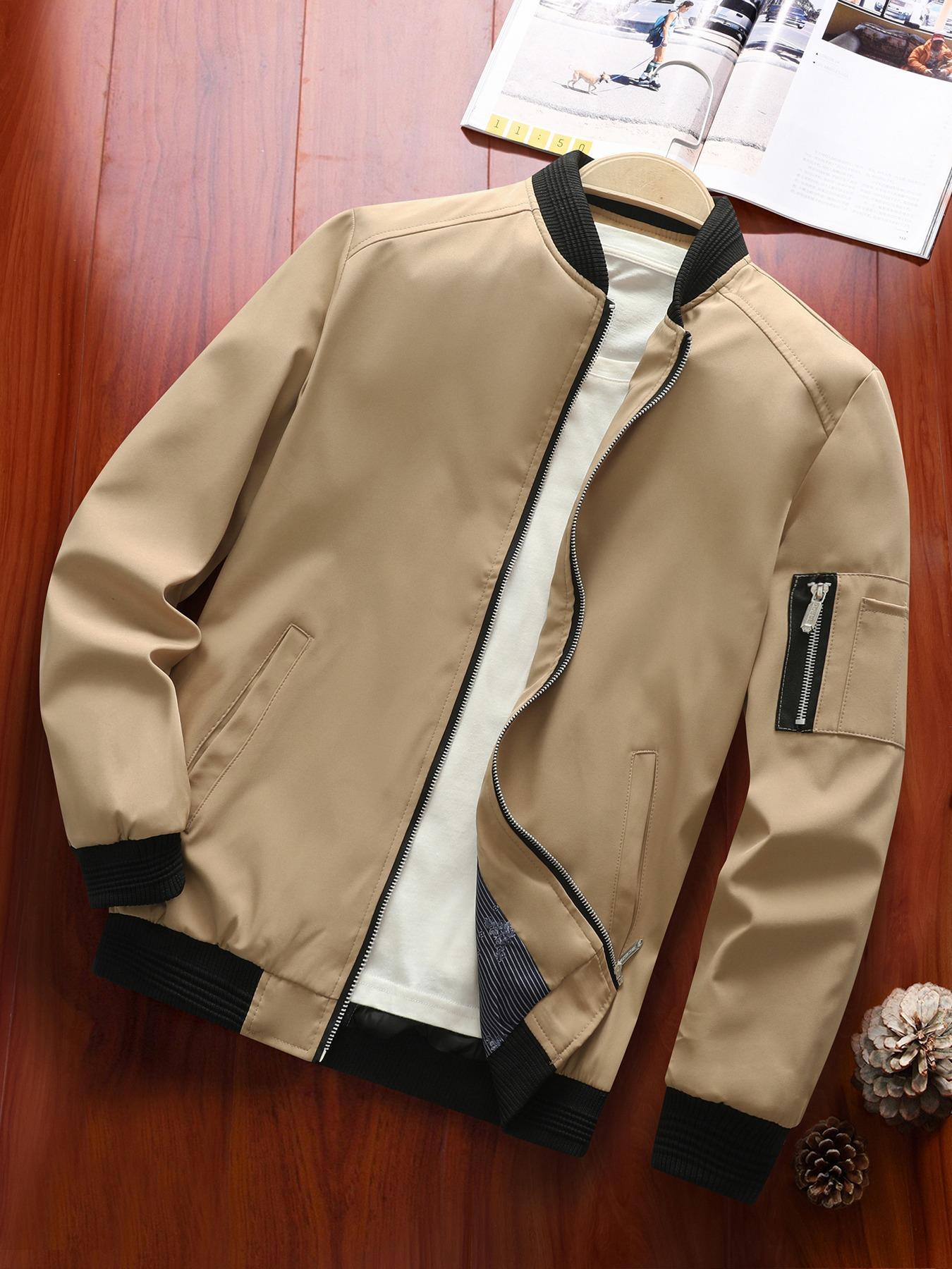Men's Zipper Pocket Baseball Collar Varsity Jacket, Bomber Jacket Coat, Regular 2024 Mens Jacket, Casual Solid Color Baseball Jacket, Mock Neck Jacket, Going Out Outfit, Men's Streetwear Outerwear for Fall & Winter, Fall Clothes