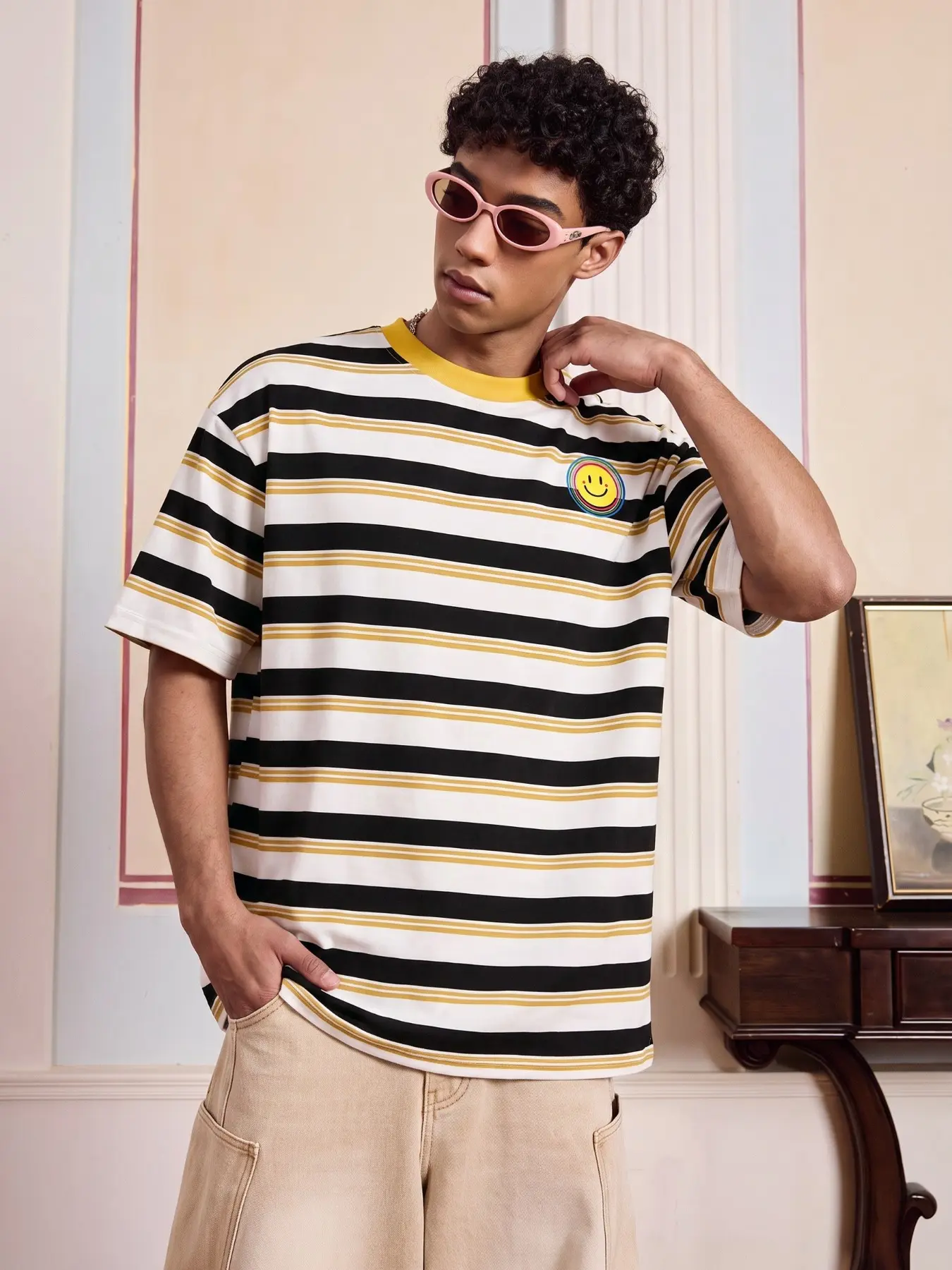 Men's Vintage Striped Short Sleeve T-Shirt, Casual Loose-Fitting Long Tee, Plain Surface Unlined Clothes, Batch Number 202604