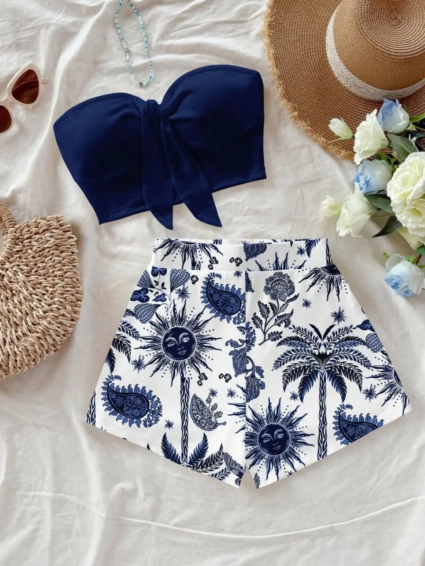 Women's Beach Party Resort Series Beachwear Tropical Print Sleeveless Set, Two-Piece, Perfect for Beach Vacations, Summer Wear, Very Fashionable