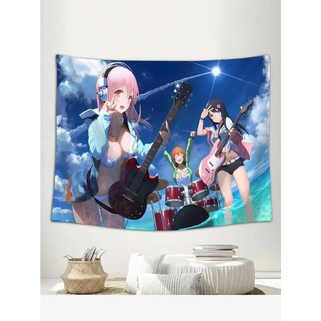 Super Sonico Synthetic Court Racket Tapestry - Blue Sky Anime Wrinkle-Resistant Wall Decoration for Otaku Bedroom, Anniversary Parties Backdrop (Home Supplies), Hanging Clips