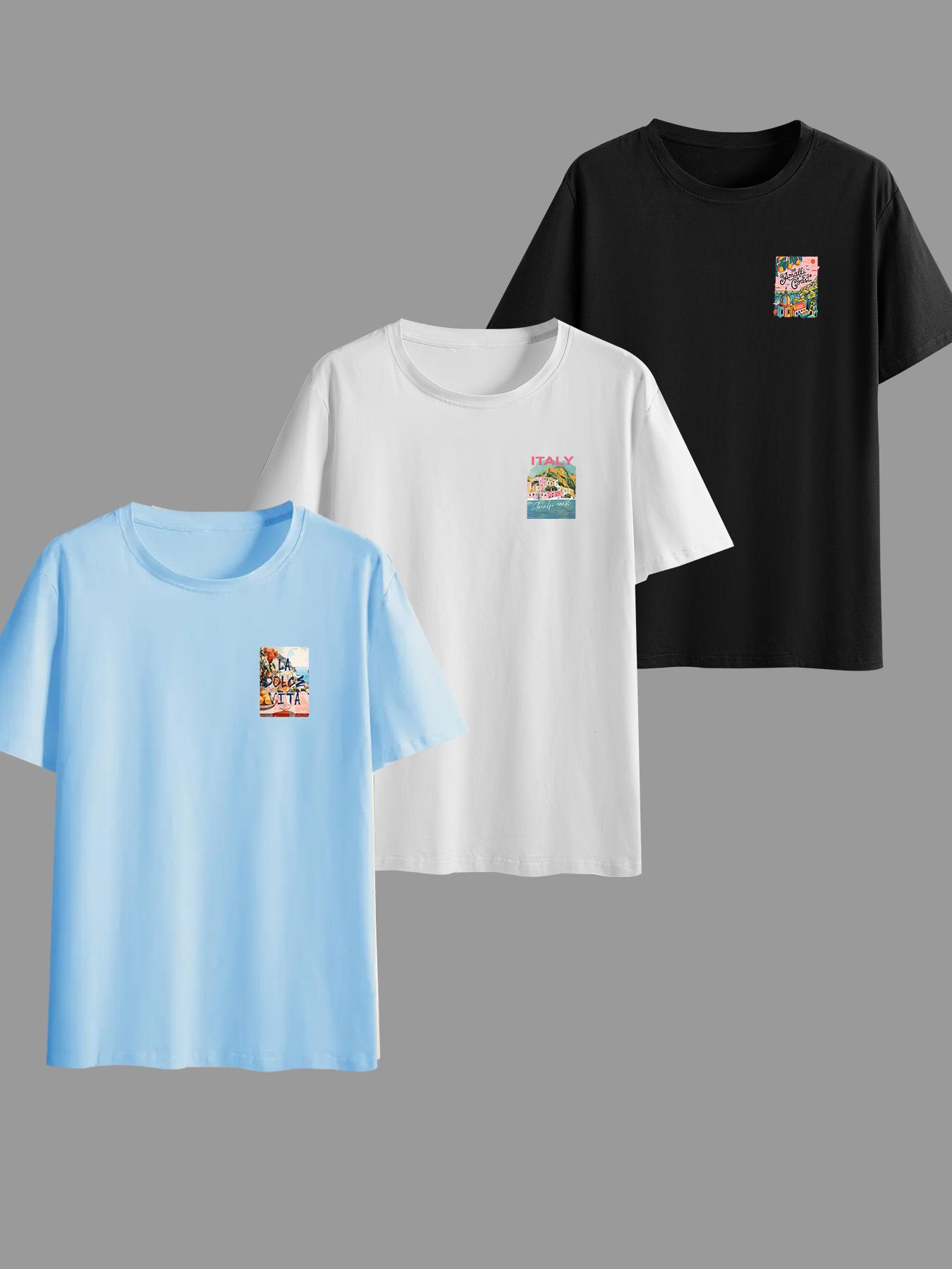 Men's Amalfi Italy Print Round Neck Tee, Regular Fit Casual Short Sleeve T-shirt for Summer, Men's Top for Daily Wear, Tropical