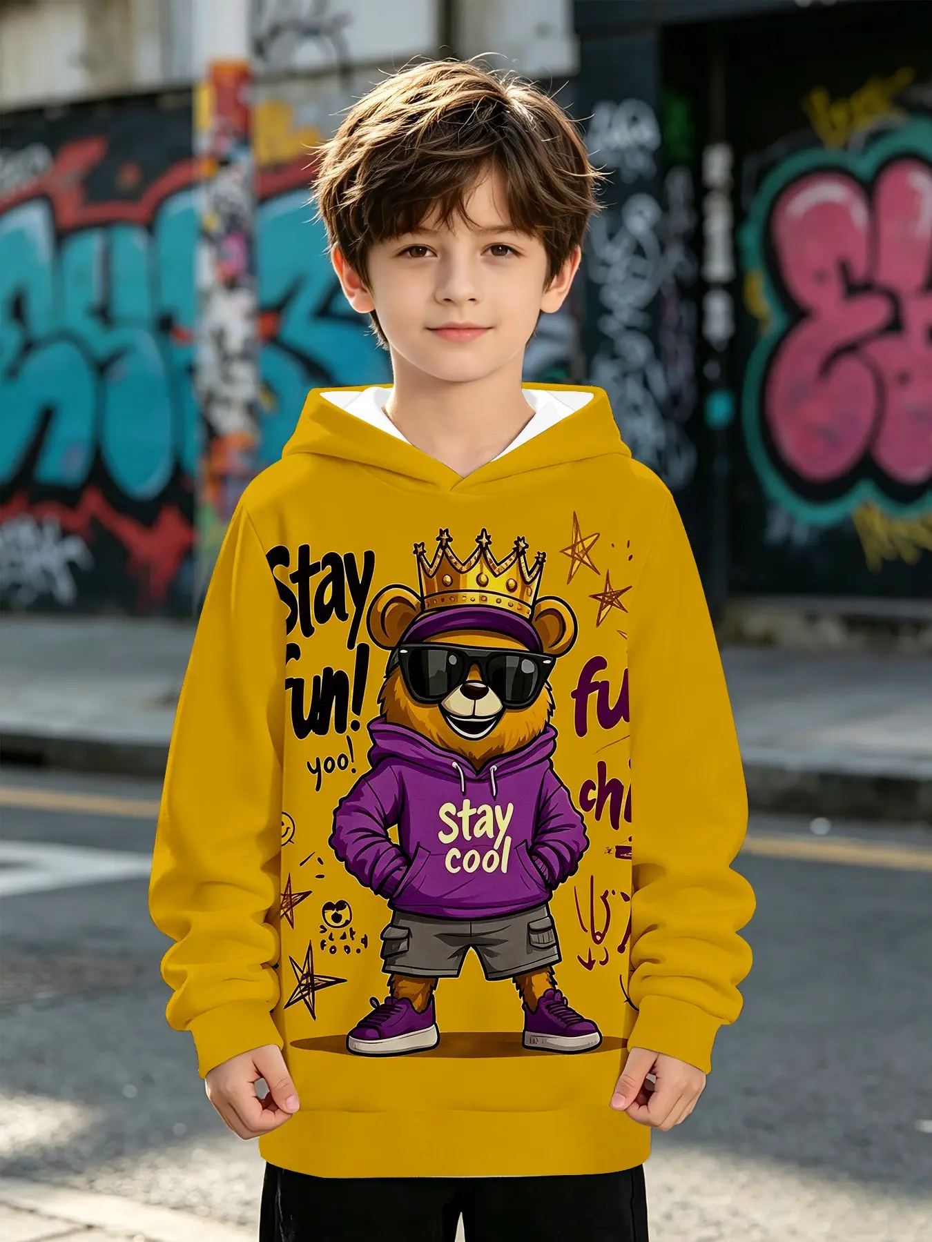 Trendy King Bear Hooded Sweatshirt, Long Sleeve Loose Fit, All over Print, Casual Fall & Winter Outer Vest
