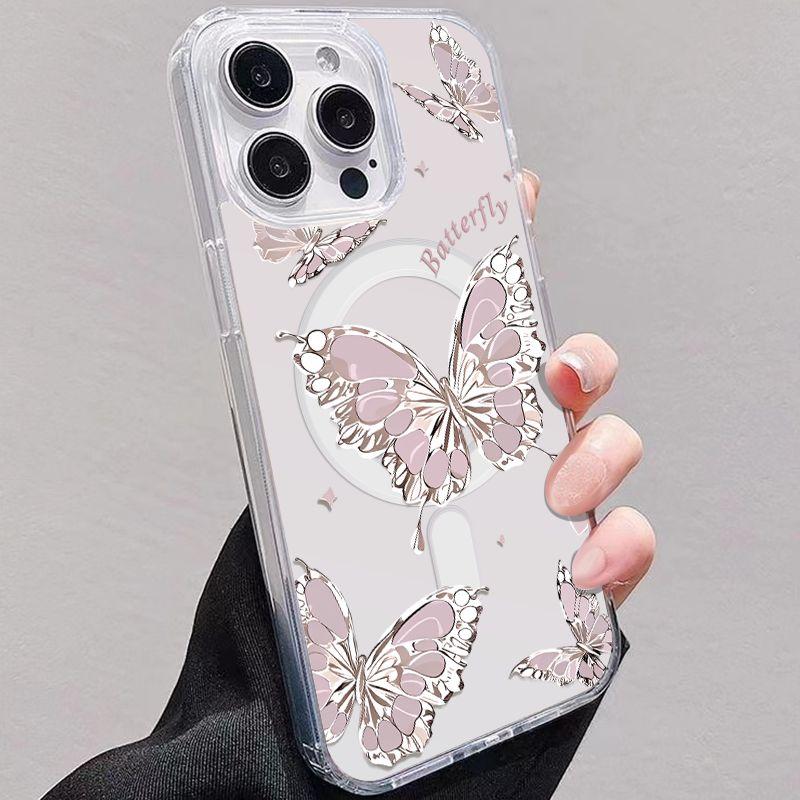 Premium Magnetic Case for iPhone12/13/14/15/16/17promax The product features a butterfly pattern design, magnetic closure, and is drop and shock resistant