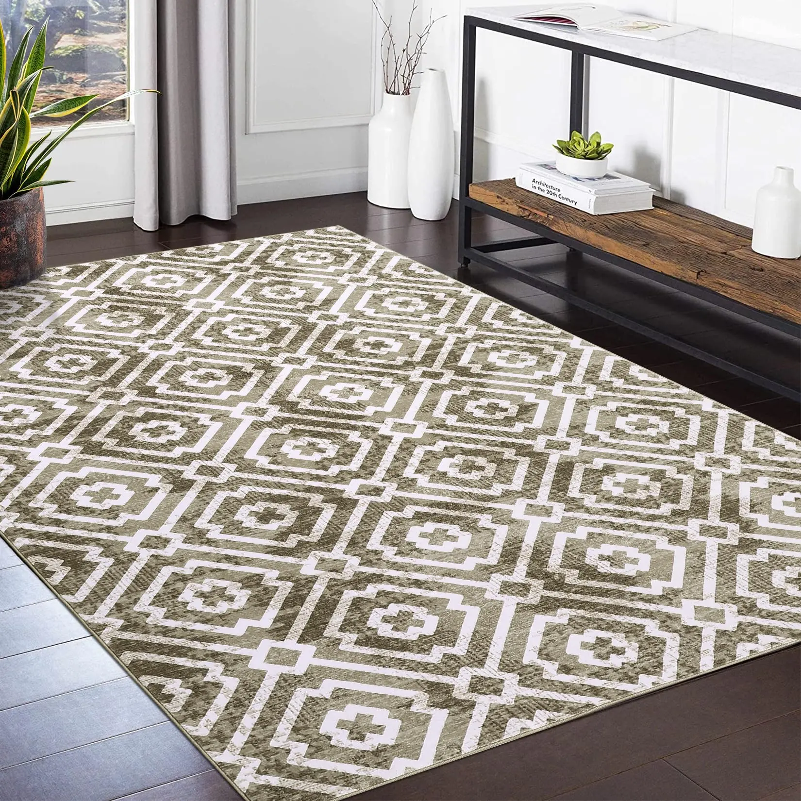 GARVEEModern Geometric Washable Area Rugs: Non-Slip, Stain-Resistant, Soft Carpets for Living Room, Bedroom, and More in Various Sizes (2x3 to 9x12) and Colors (Taupe, Blue, Grey, Light Coffee)