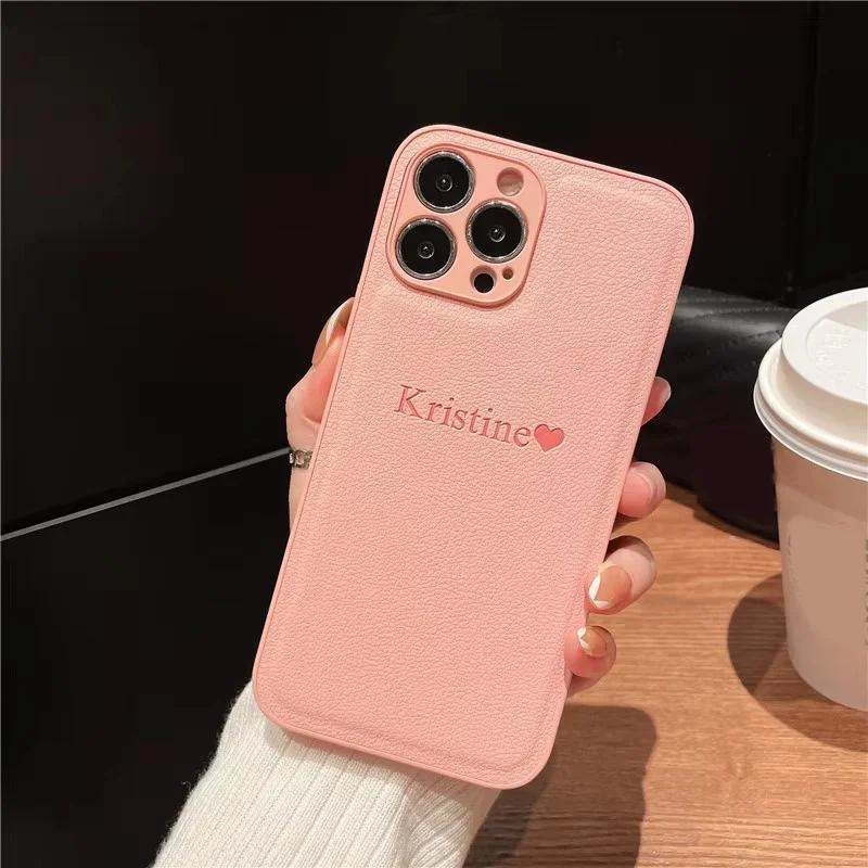 Personalize Customized Initials Name Leather Phone Case For iPhone 17 16 15 14 13 12 11 Pro Max 16 Plus Xs Max Protection Cover