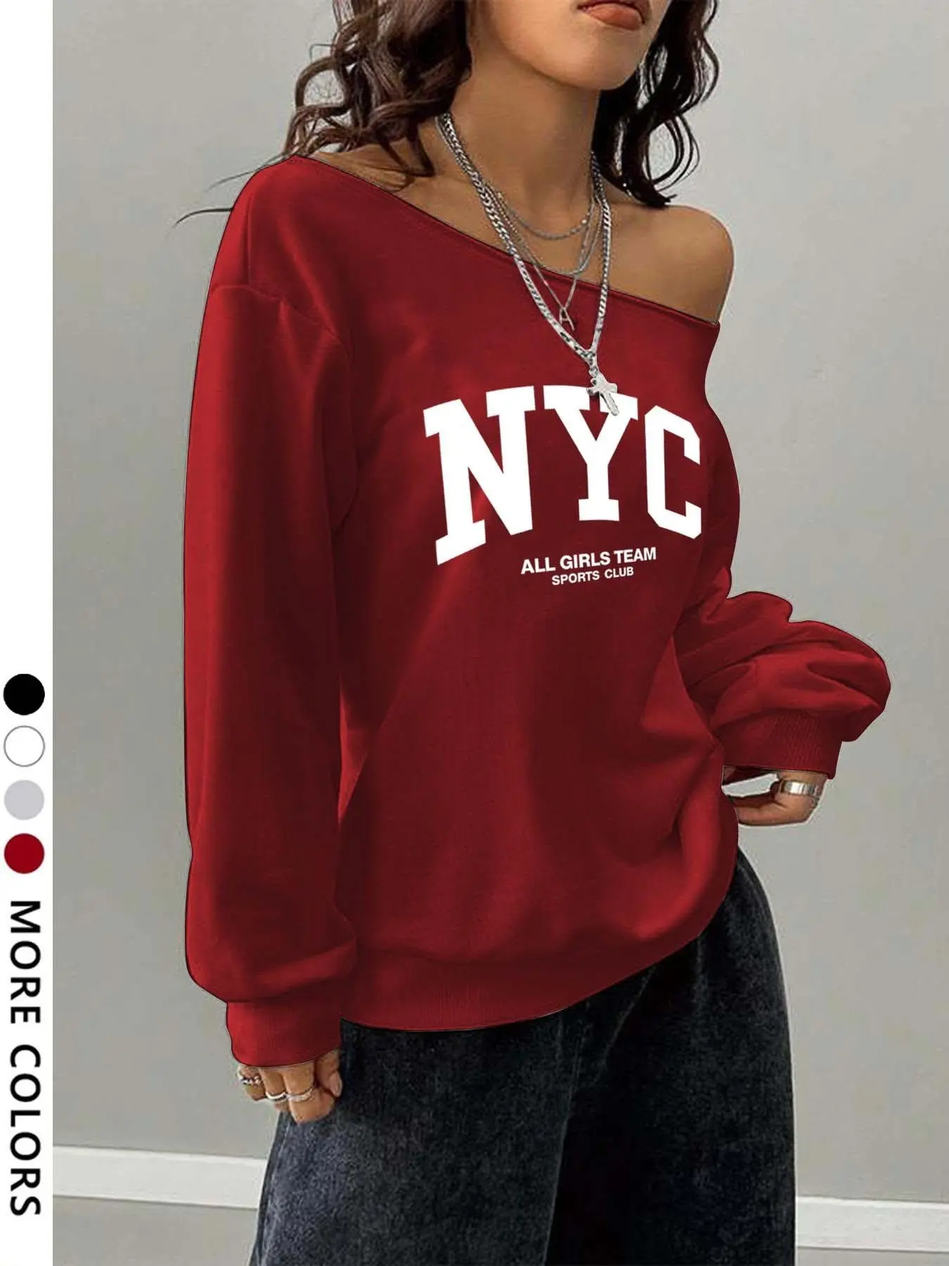 Women's Nyc Letter Print Asymmetrical One-Shoulder Long Sleeve Sweatshirt, Loose-Fit Casual Top, All Seasons, Multiple Colors Available