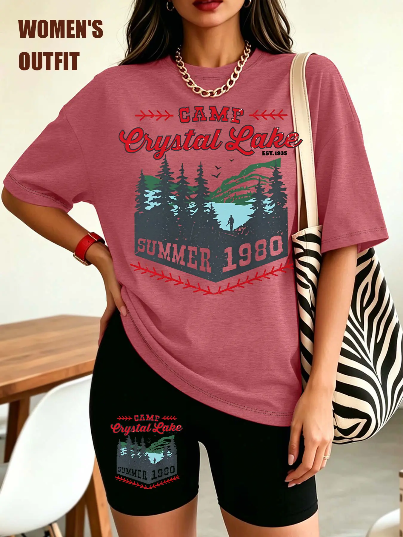 2Pcs Women Crew Neck Tee Biker Short Set, Crystal Lake Vintage Mountain Camping Retro Landscape Print Outfit, Multi-color Washable Soft Spring Summer Daily Fashion Set