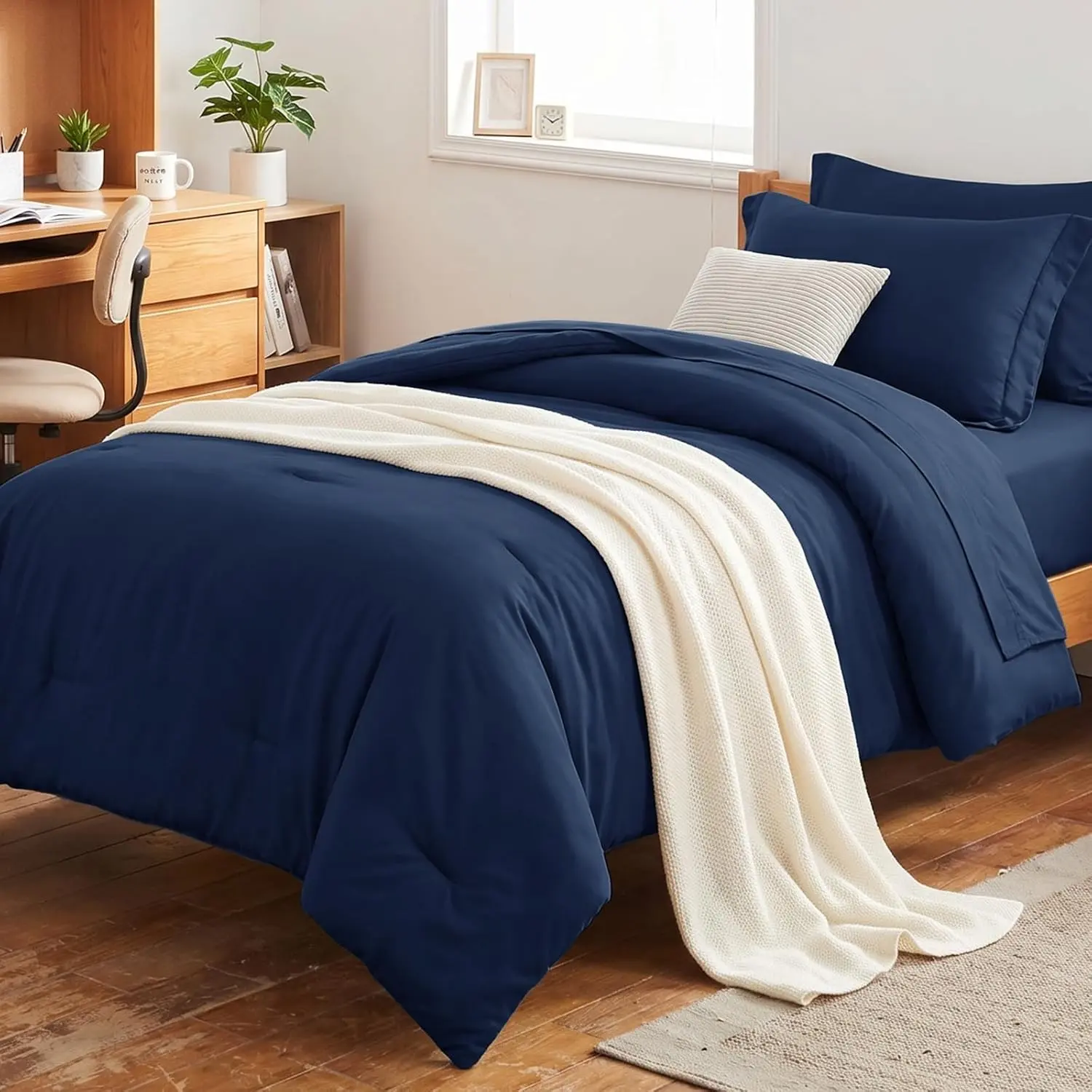 Twin XL Comforter Sets - 5 Pieces Twin Extra Long Bed in a Bag for College Dorm, All Season Bed Set with Comforter for Girls and Boys, Flat Sheet, Fitted Sheet, Pillowcase & Sham, Navy Blue