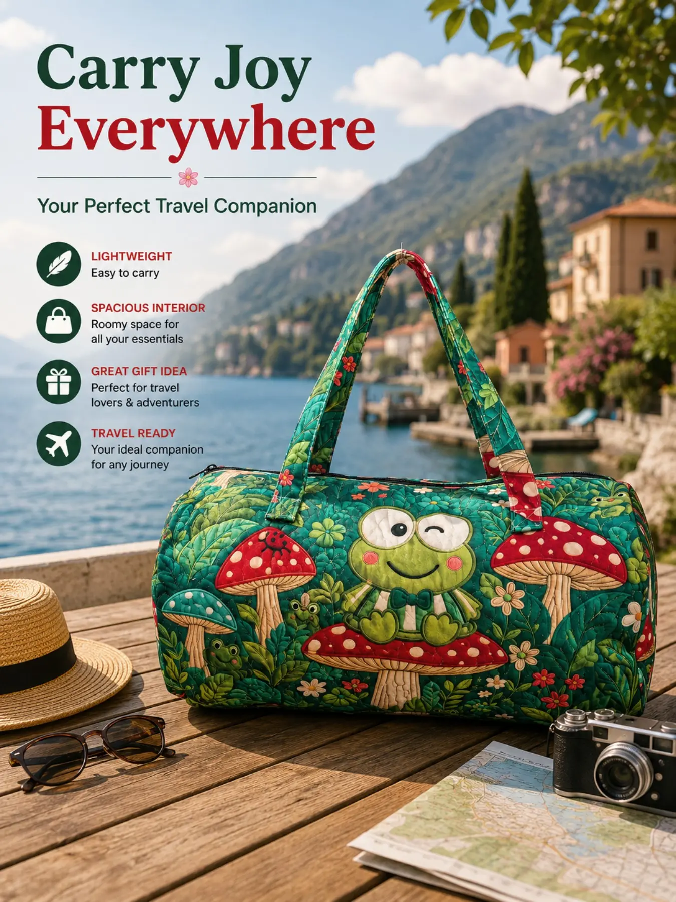 Cartoon Frog Mushroom Duffle Bag, Large Capacity Travel Bag, Elegant Landscape Print, Smooth Zipper, All Seasons Use, Portable Overnight Bag