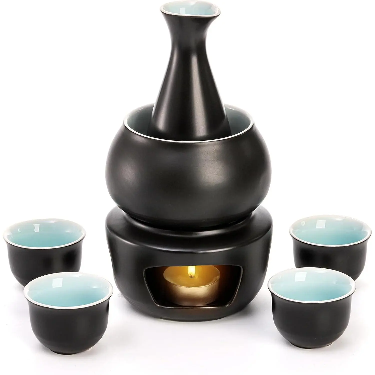 Foraineam Ceramic Sake Set with Warmer, Japanese Style Porcelain Hot Saki Drink Warmer Set, 7 Pieces Set Including 1 Stove, 1 Warming Bowl, 1 Sake Bottle, 4 Sake Cups