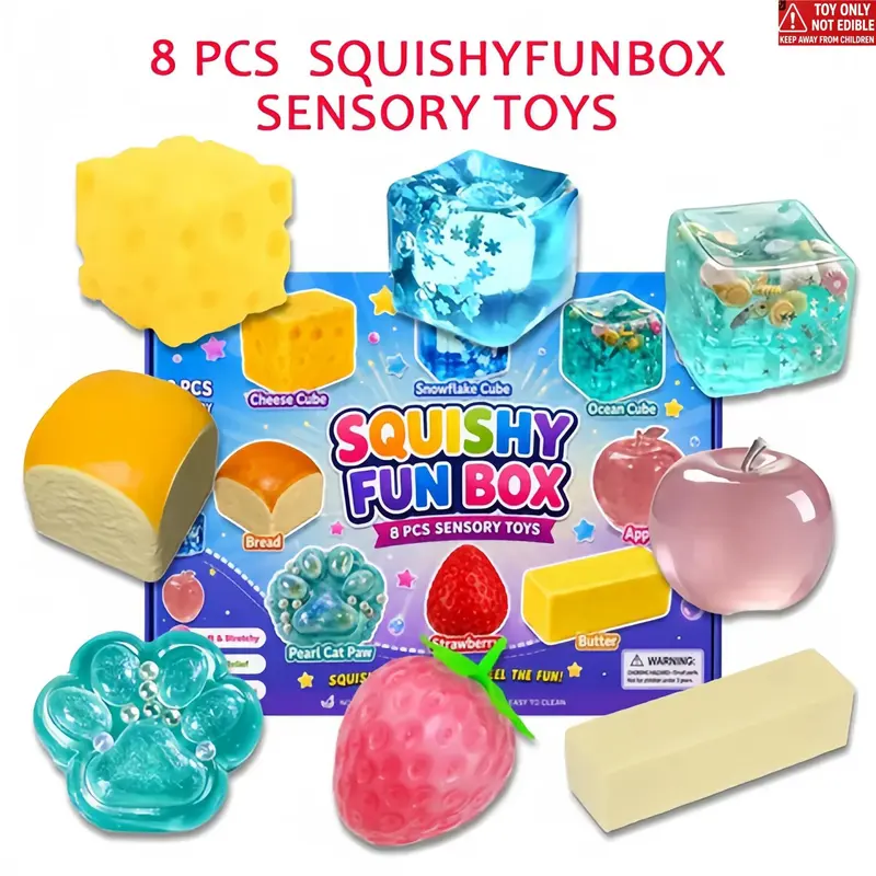 8-Piece Set Box Malt Sugar Stress Relief Fidget Toys, Sensory Bundle, Creative Slow-Return Squishy, Party Gift, 8 Different Styles, Squishy Fun Box