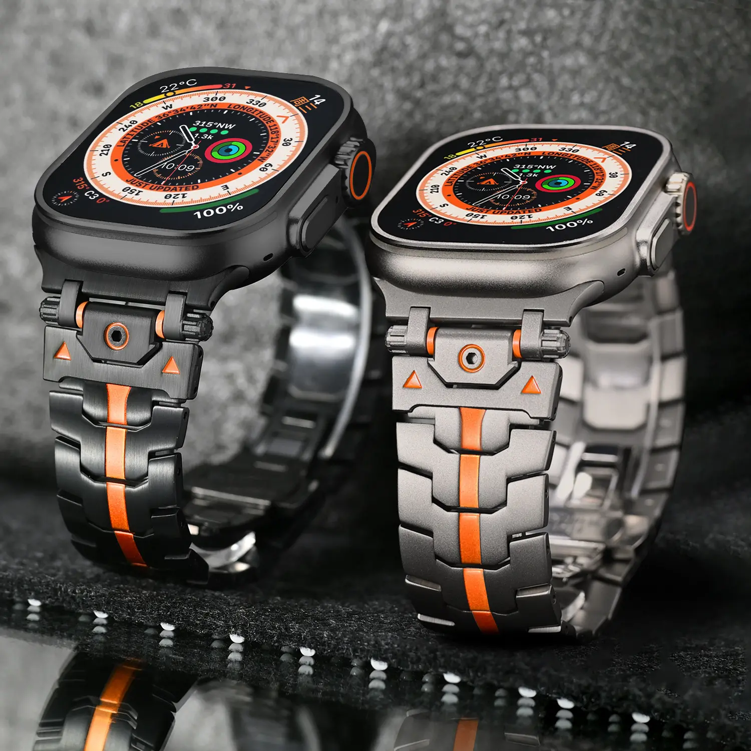 Rugged Tactical Heavy Duty Metal Watch Band, Orange Accent Stainless Steel Strap, Outdoor Edgy Men Wrist Accessory