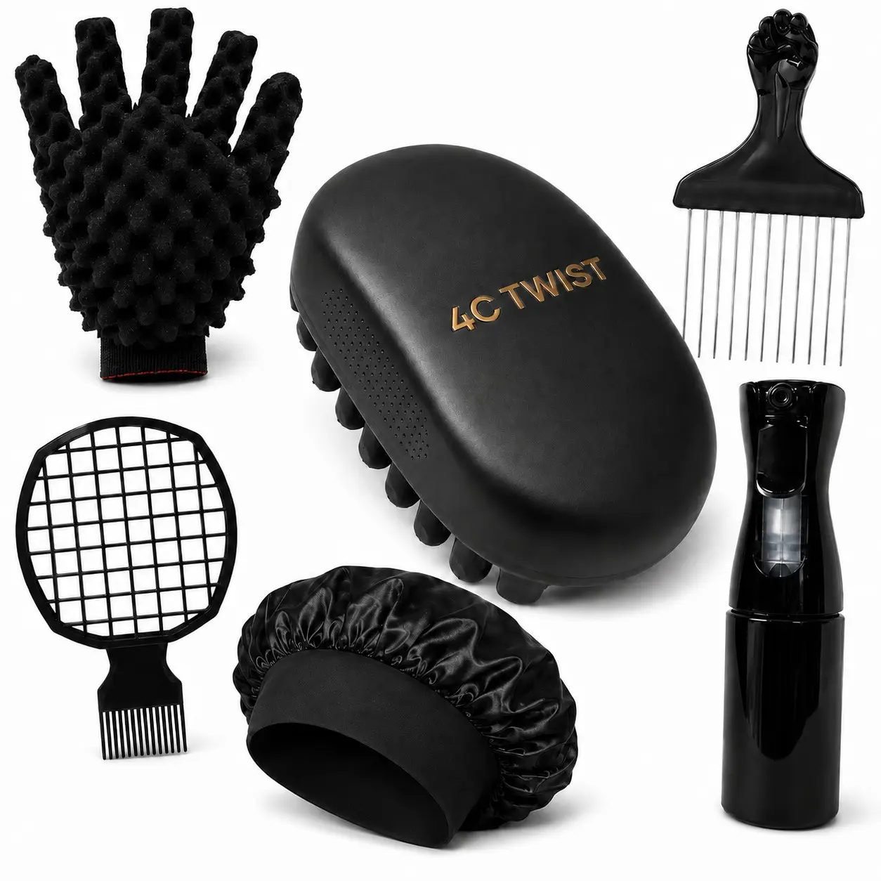 6-Piece 4C Twist Hair Styling Kit with Twist Sponge Brush, Foam Twist Glove, Fine Mist Spray Bottle, Metal Afro Pick, Mesh Styling Comb & Satin Bonnet, Natural Hair Care Set for Coils, Locs, Afro Curls & Daily Grooming