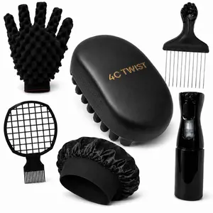 6-Piece 4C Twist Hair Styling Kit with Twist Sponge Brush, Foam Twist Glove, Fine Mist Spray Bottle, Metal Afro Pick, Mesh Styling Comb & Satin Bonnet, Natural Hair Care Set for Coils, Locs, Afro Curls & Daily Grooming