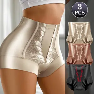 QUASTI 3PCS High Waisted Lace Women's Smooth Panties, Butt Lifting Tummy Control Shapewear Sexy Briefs, Comfort Skin-Friendly Elasticity Fashion Soft Sports Yoga Daily Wear, S-XXL