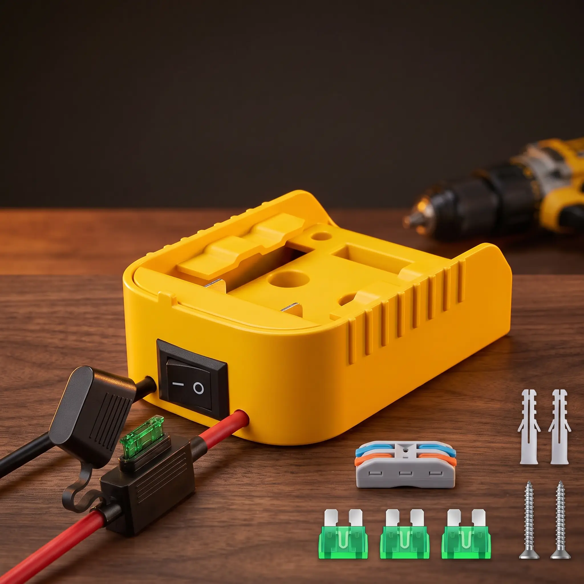 Dewalt 20V Lithium Battery Adapter Kit - 20A Output, ABS Anti-Scratch, 12 AWG Wire, Switch, Fuse, Fuse Cap, Wire Terminals, Locking Battery Hold, 30A Overload Guard - Compatible with 18V Devices, Power Wheels - For DIY Projects, Indoor Outdoor Use