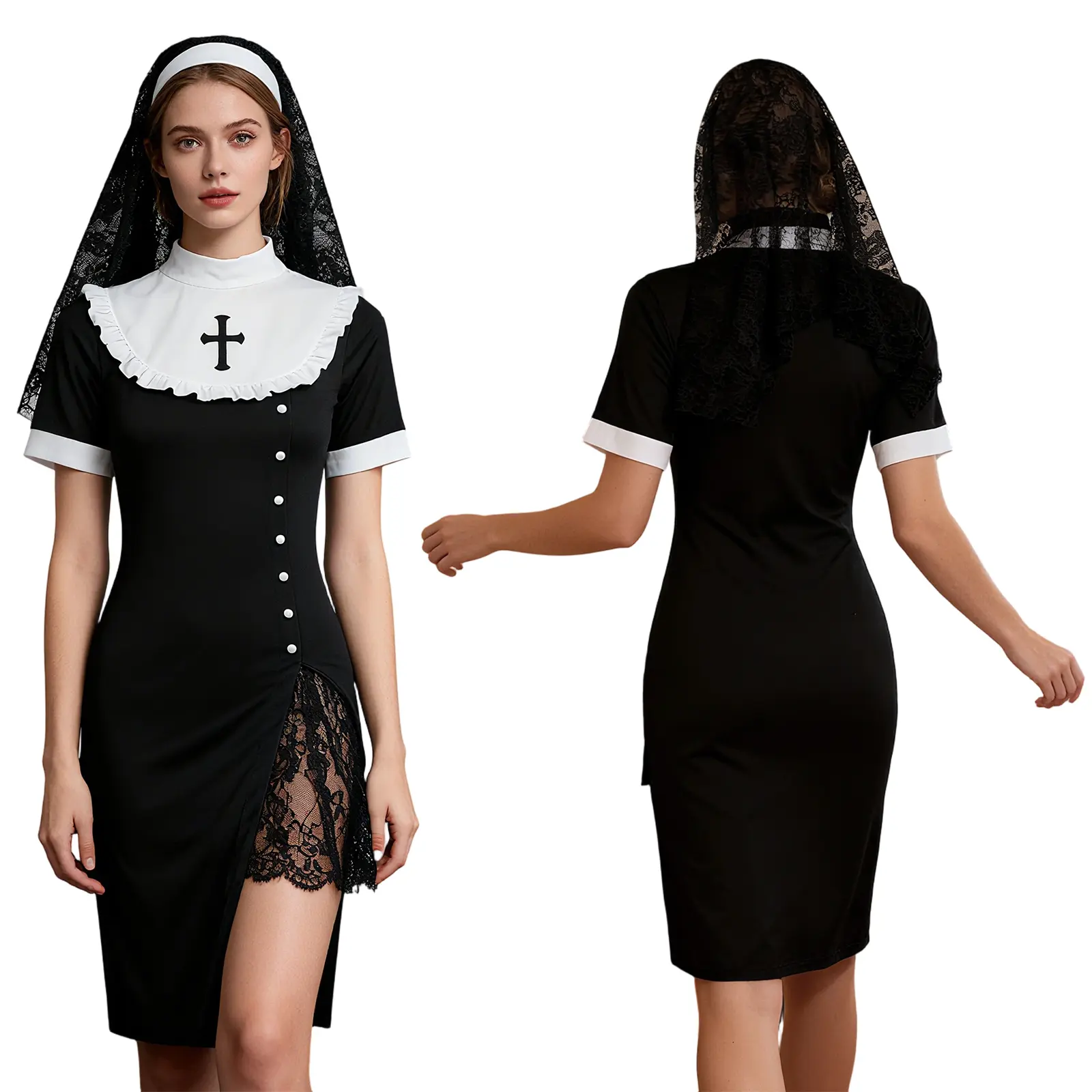 Women Nun Costume Short Sleeve Mock Neck Split Mini Dress with Hat Halloween Cosplay Outfit
